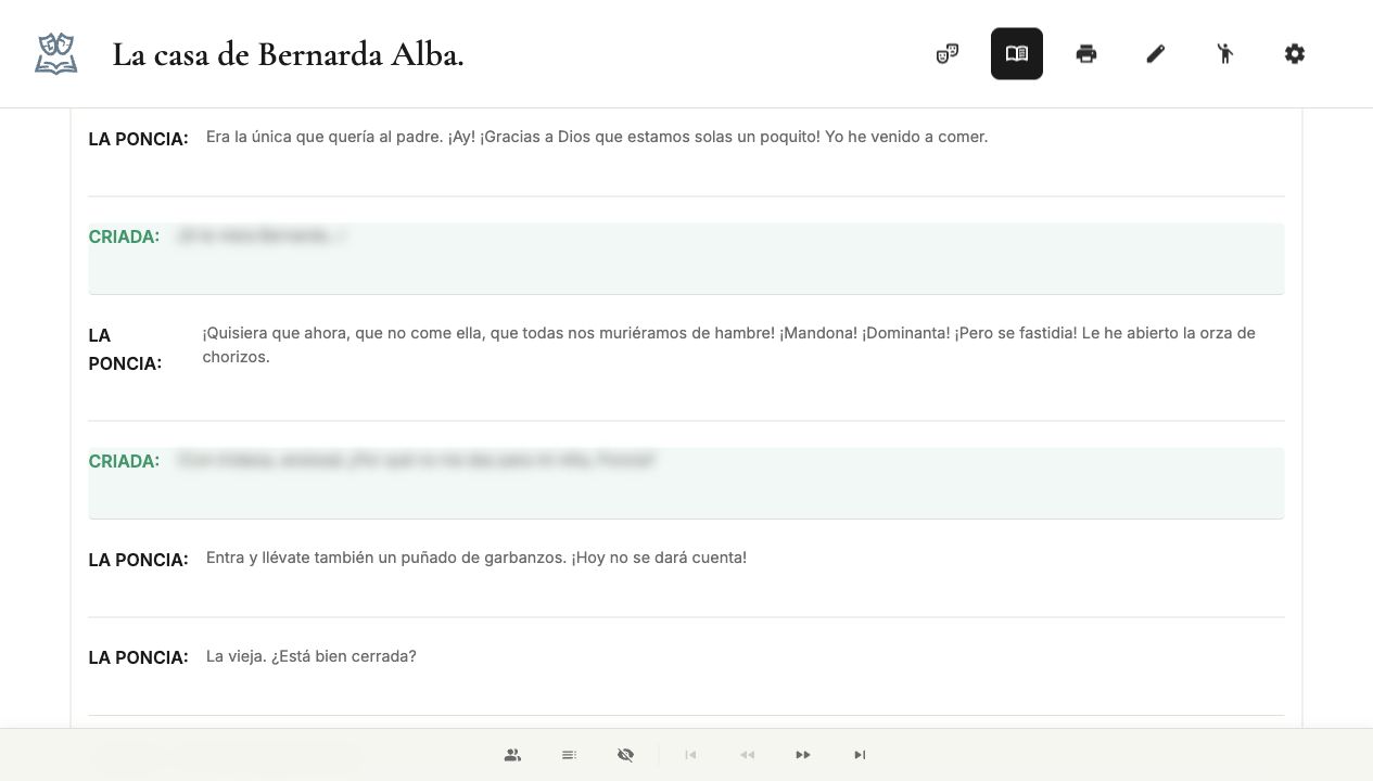 Modo memorizar de thwoi con líneas del personaje ocultas y contexto visible